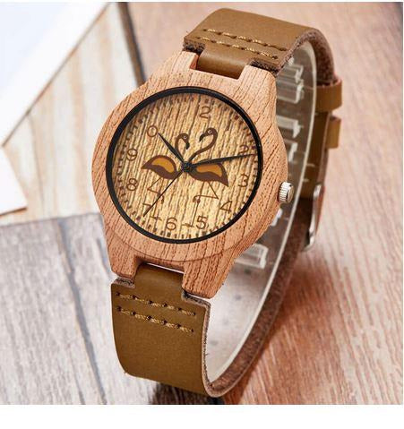montre flamant rose cuir bois ecolo