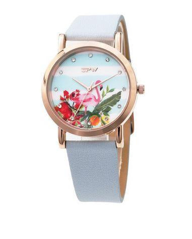 montre cuir flamant rose bleu gris