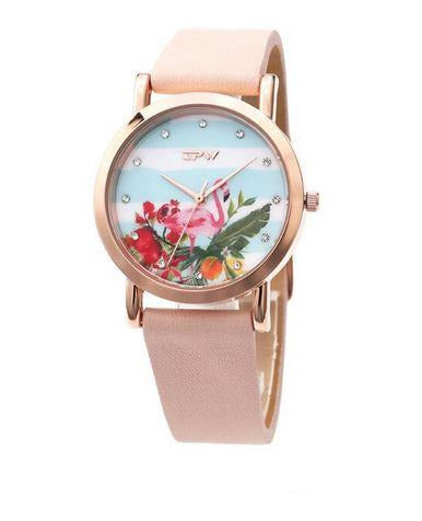 montre cuir flamant rose avec strass
