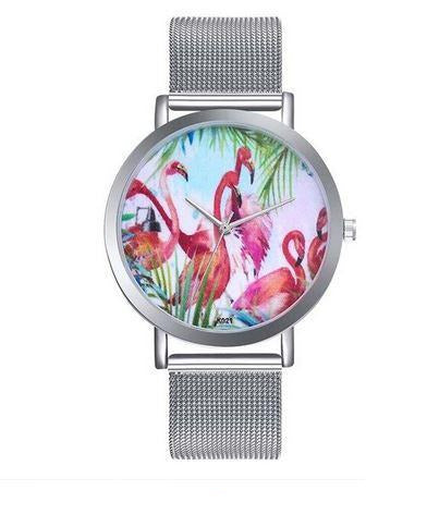 montre en maille argenté flamant rose