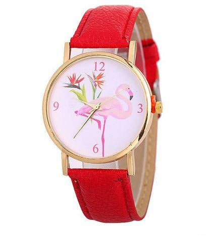 montre flamant rose cuir rouge tropical