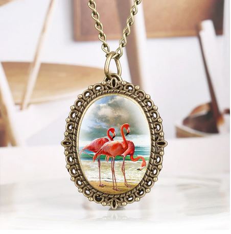 montre collier de poche flamant rose