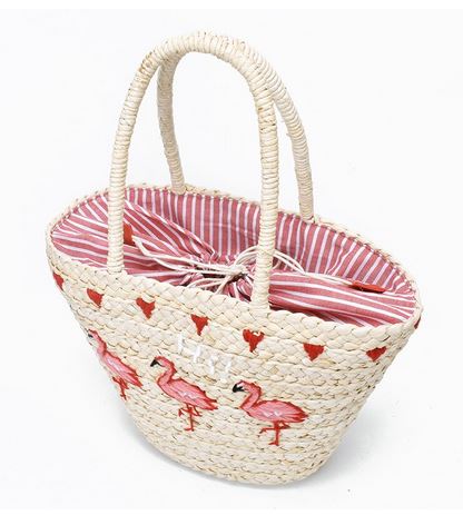 grand panier flamant rose paille