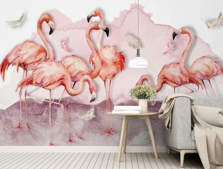 papier peint flamant rose pous salon