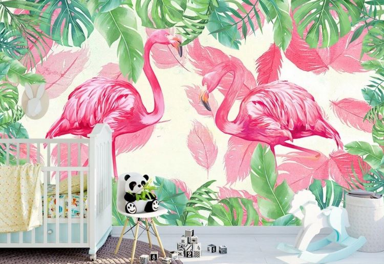Papier Peint Flamant Rose 4 Murs Duo chambre bebe