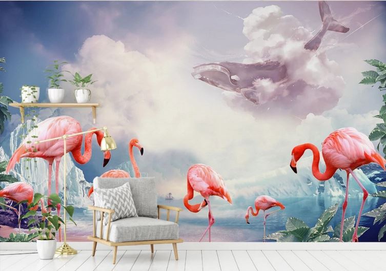 Papier Peint Flamant Rose 4 Murs Nuage pas cher baleine enfant
