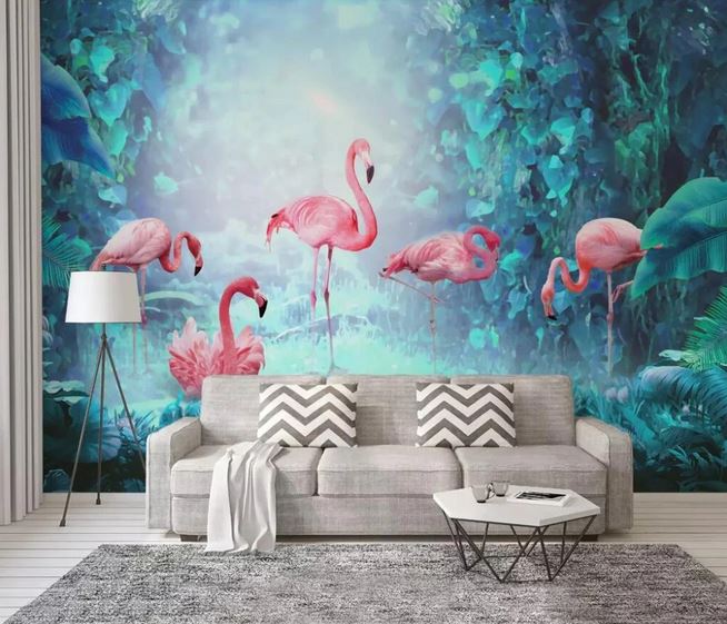 Papier Peint Flamant Rose aquatique