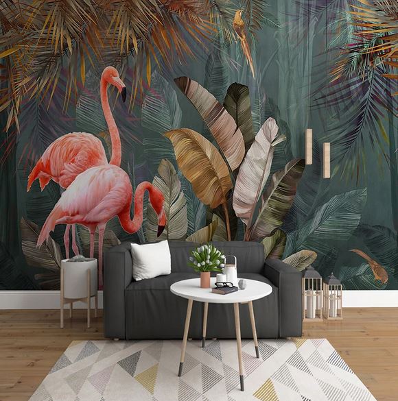 Papier Peint Jungle Flamant Rose pas cher salon