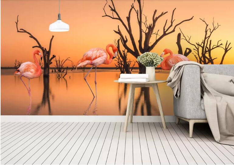 Papier Peint Panoramique Flamant Rose Lac pas cher salon salle à manger cuisine