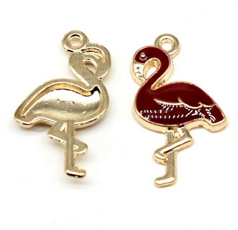 pendentif flamant rose plaque or et email rouge