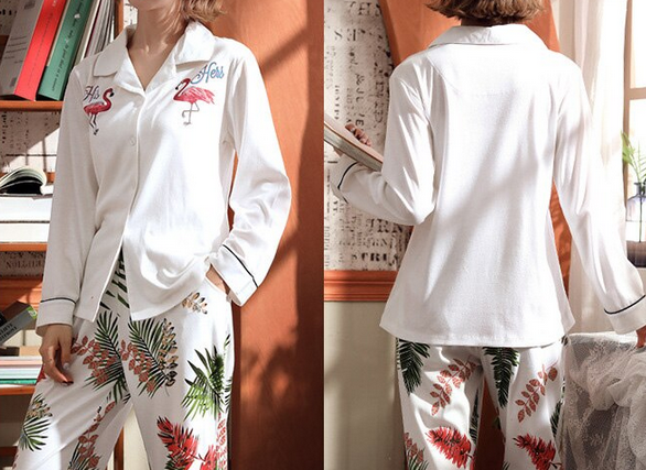 beau pyjama blanc pantalon manches longues pour femme flamant rose