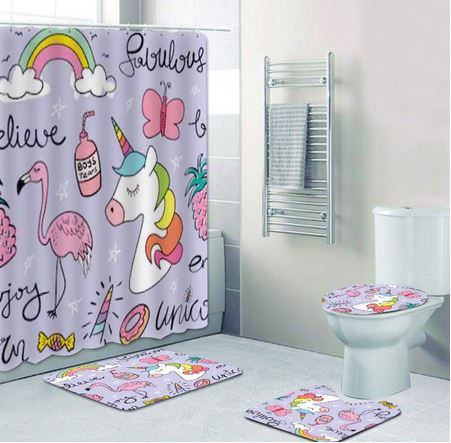 tapis et rideau de douche kawaii flamant rose