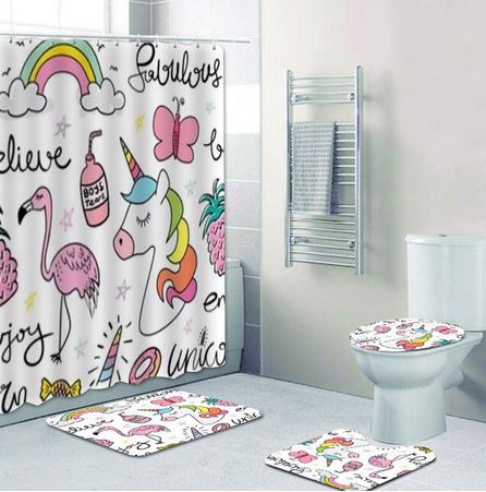 rideau de douche et tapis flamant rose licorne kawaii