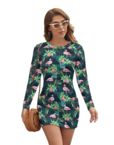 robe manches longues moulantes flamant rose exotique