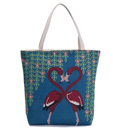 sac flamant rose bleu en toile et brodé pas cher