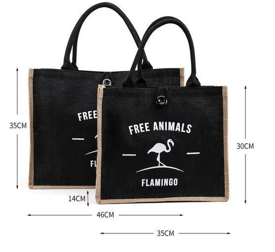 sacs cabas flamant rose toile noir et jute
