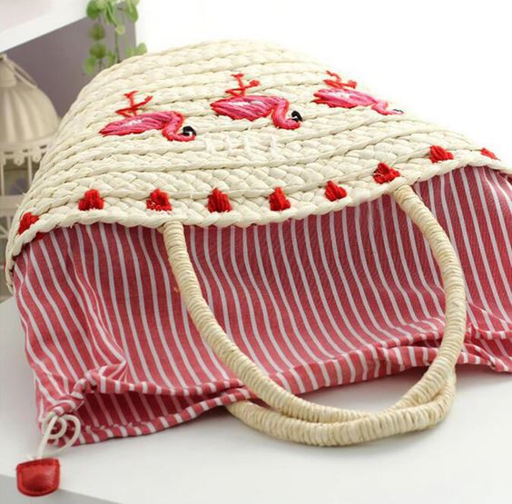 panier paille flamant rose