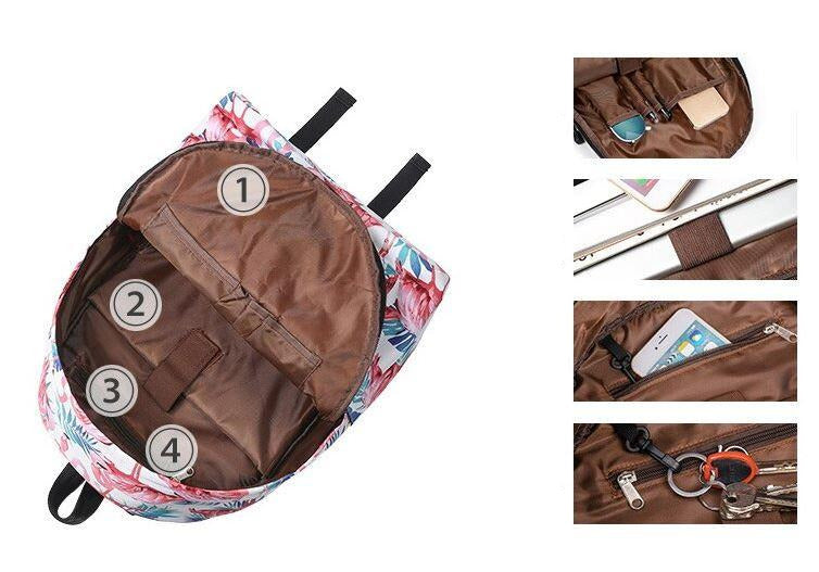 pleins de poches dans le sac a dos flamant rose