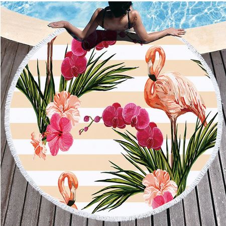 serviette ronde flamant rose fleurs tropicales