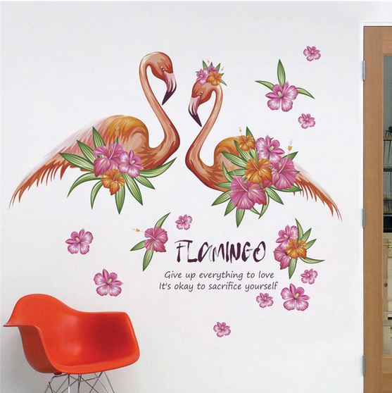 autocollant pour mur flamant rose fleurs tropical