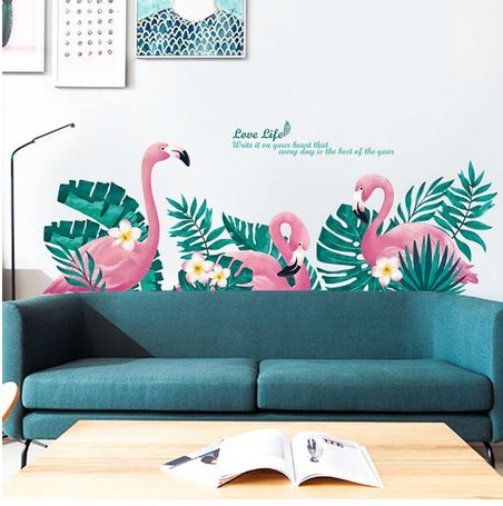 sticker mural flamant rose pour salon ambiance tropical pas cher