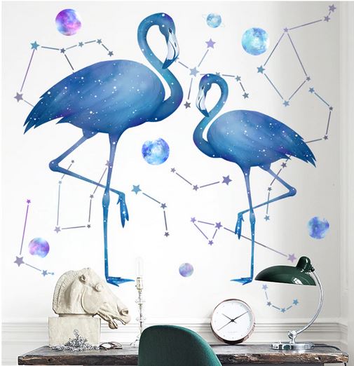sticker mural flamant rose bleu astres garcon