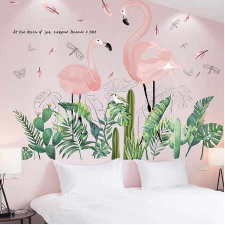 flamant rose en sticker mural cactus