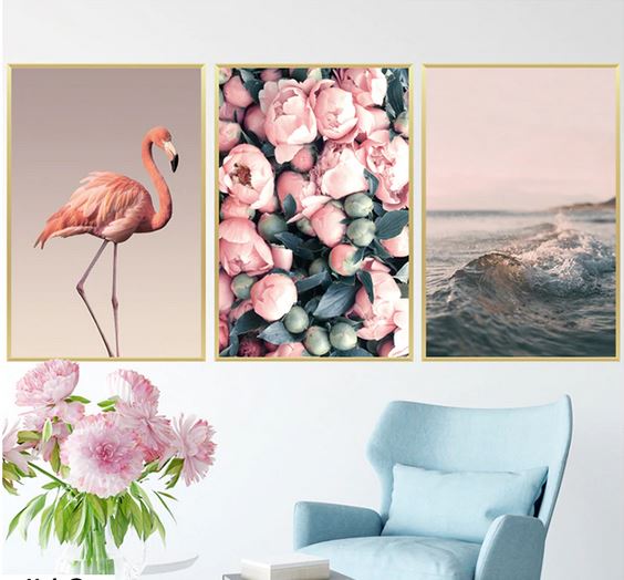stickers mural flamant rose trompe l'oeil cadre