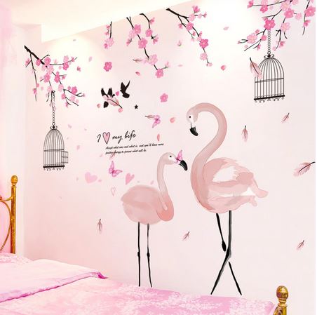 stickers mural avec cage a oiseau et flamant rose