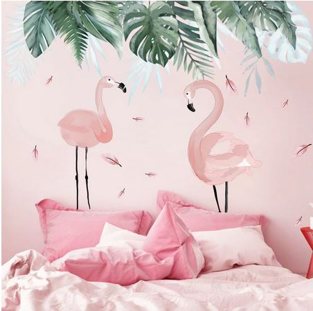 stickers flamant rose avec feuille tropical pour mur