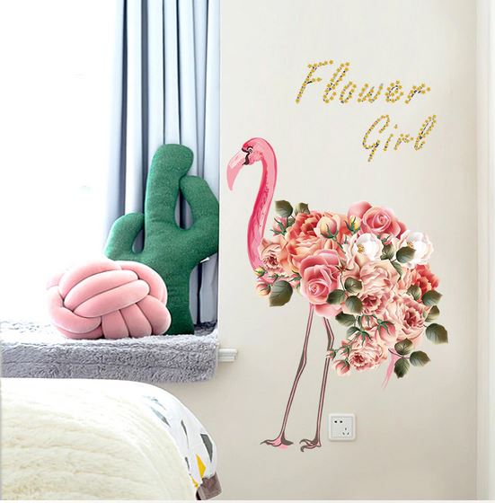 sticker mural fleurs flamant rose autocollant