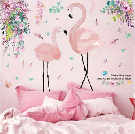 stickers muraux fleurs et flamant rose