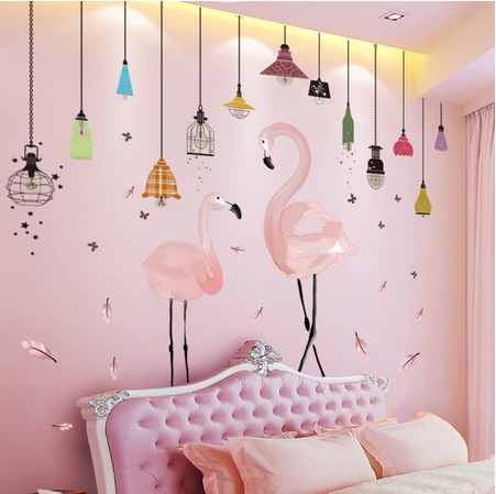 sticker mural original flamant rose et lampes