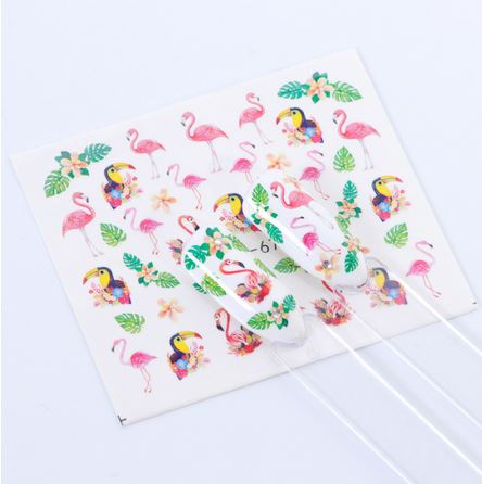 stickers ongles avec flamant rose et toucan oiseaux