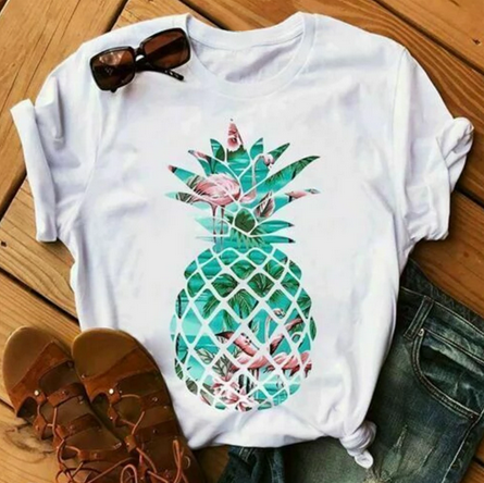 t shirt blanc femme manches courtes avec flamant rose et ananas