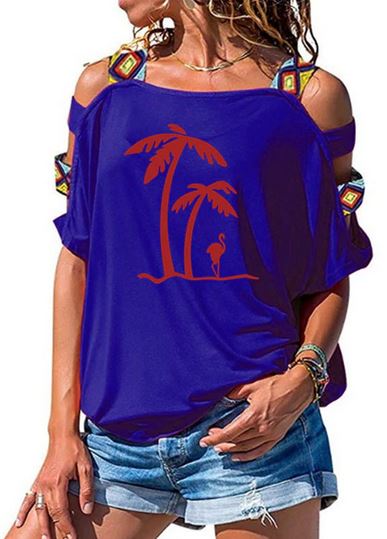 t-shirt bleu roi flamant rose rouge femme