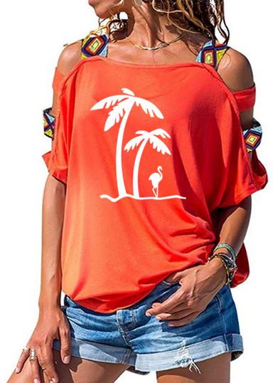 t-shirt top femme avec palmier et flamant rose blanc ethnique