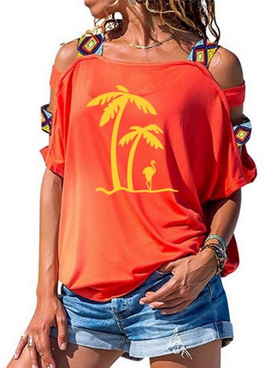top coton femme flamant rose et palmier corail jaune
