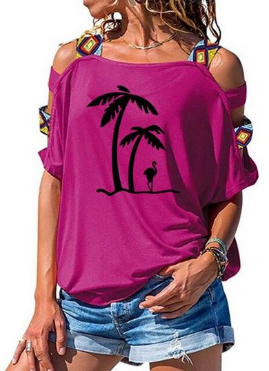 t-shirt flamant rose femme violet et noir original ouvert aux épaules