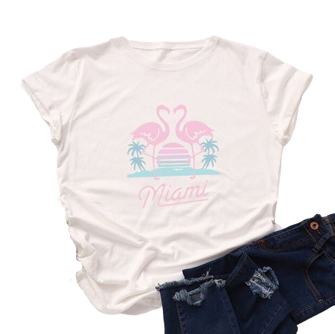 t-shirt femme flamant rose mode us blanc plage été