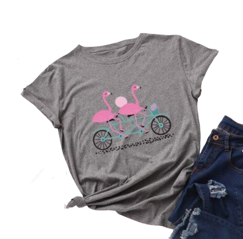 t shirt flamant rose femme gris tandem velo vacances chaud