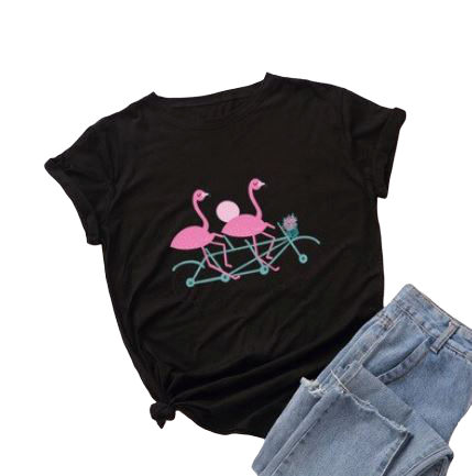 t-shirt avec flamant rose noir tandem duo amoureux