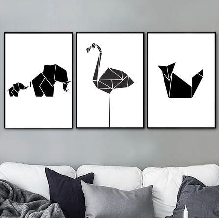 Tableau Flamant Rose Géométrique noir et blanc salon