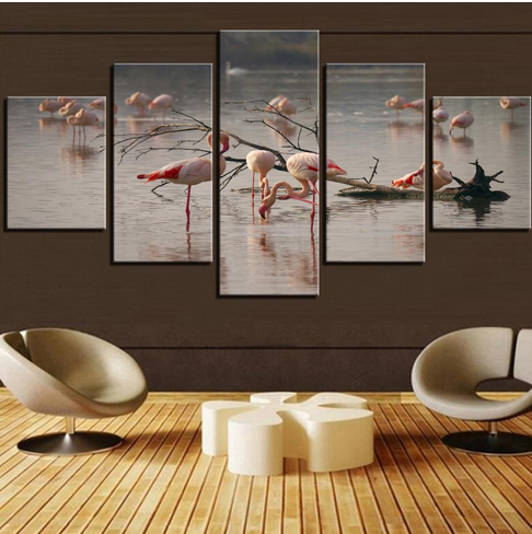 tableau en 5 parties avec des flamants roses