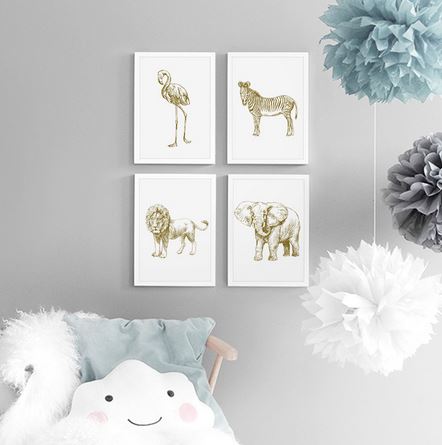 Tableau avec Flamant Rose Or chambre enfant