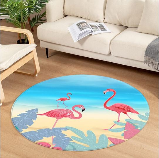 tapis rond flamant rose a la plage