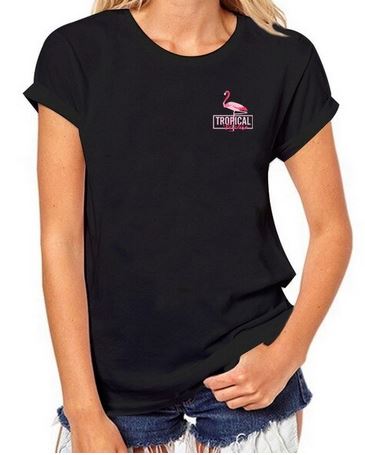 tee-shirt flamant rose femme noir sobre plage