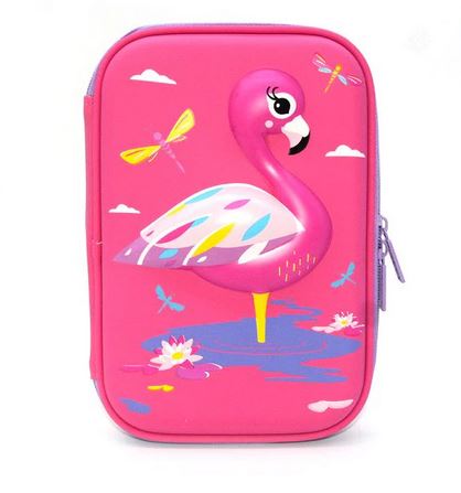 trousse avec flamant rose et élastique compartiment stylo