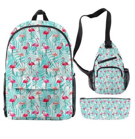 sac a dos bleu vert avec flamant rose
