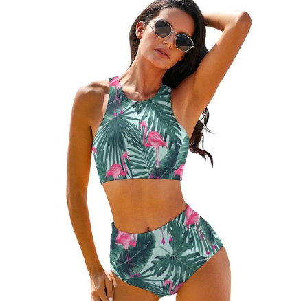 Maillot Flamant Rose Taille Haute Corail